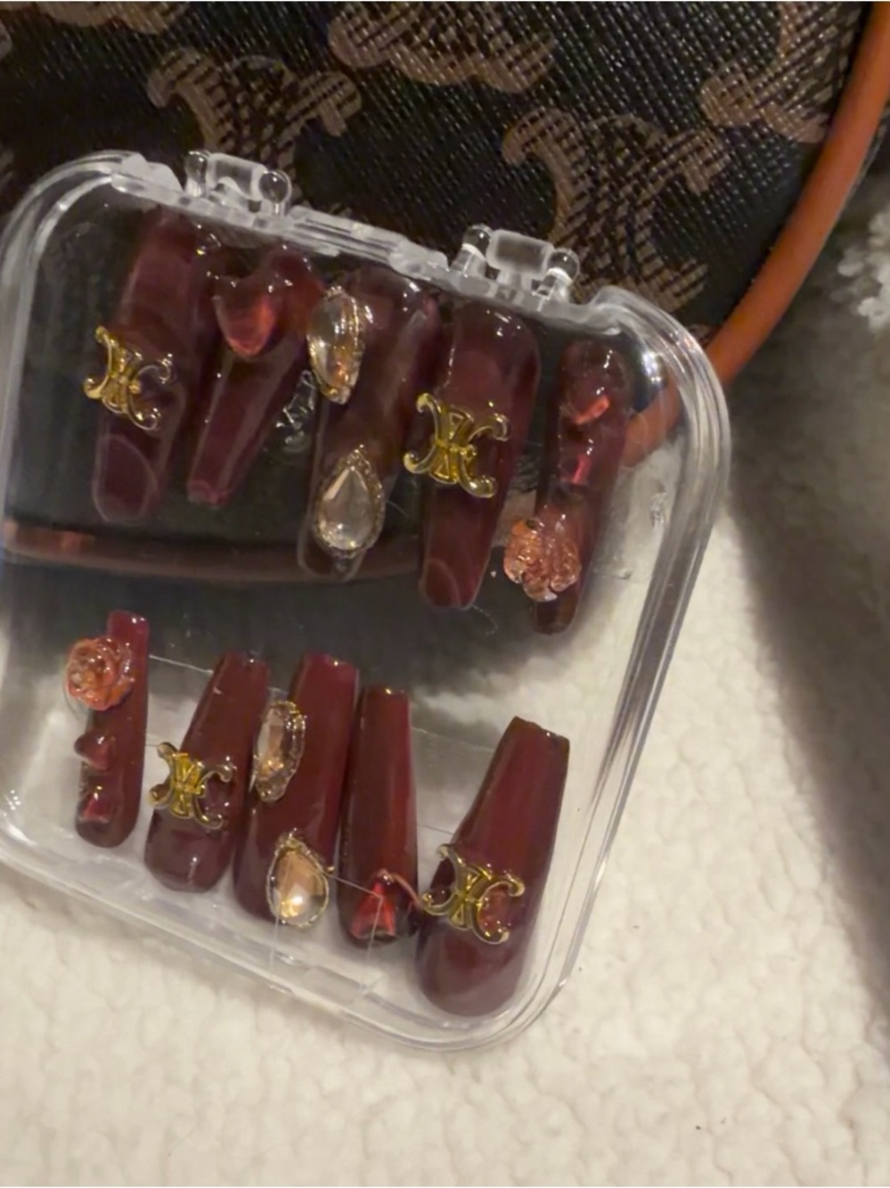Luxury Burgundy Press-On Nail Set with Gold Accents